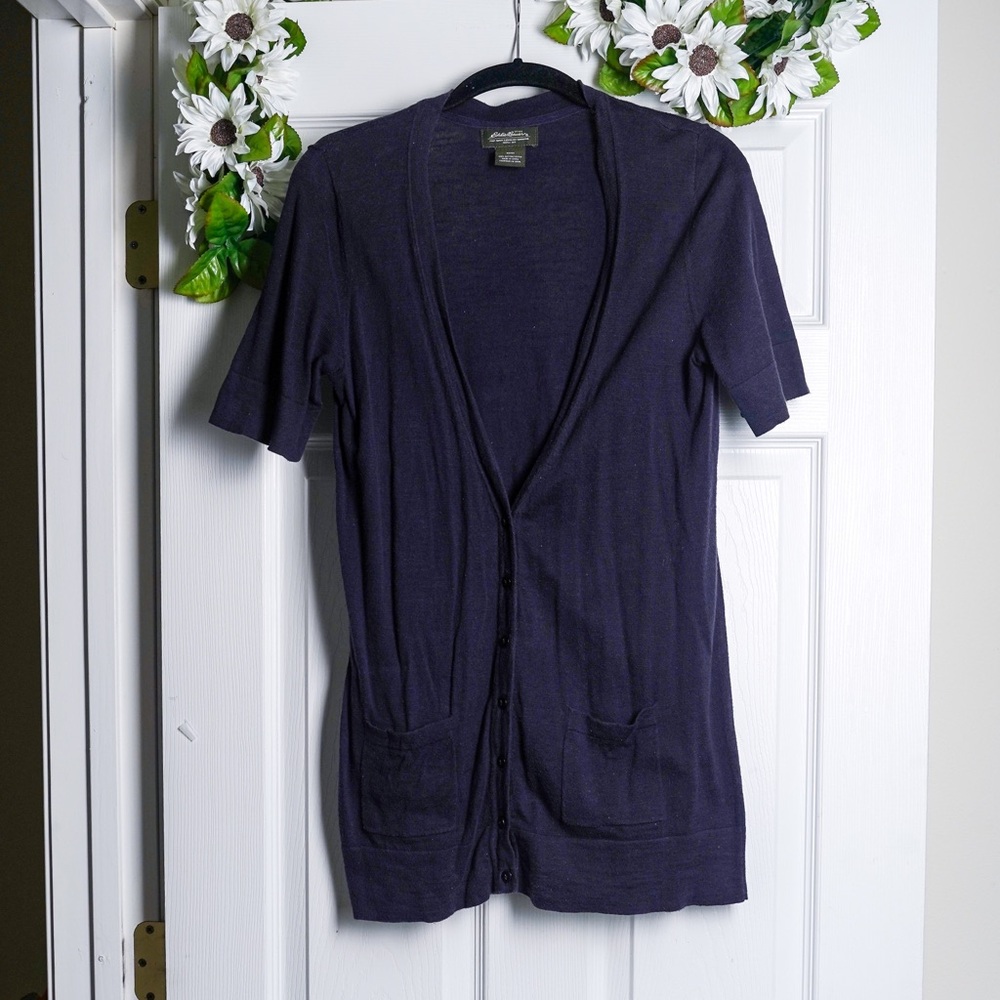 Eddie Bauer Cotton Cardigan Sweater Navy Blue Short Sleeve Button Front Pockets
